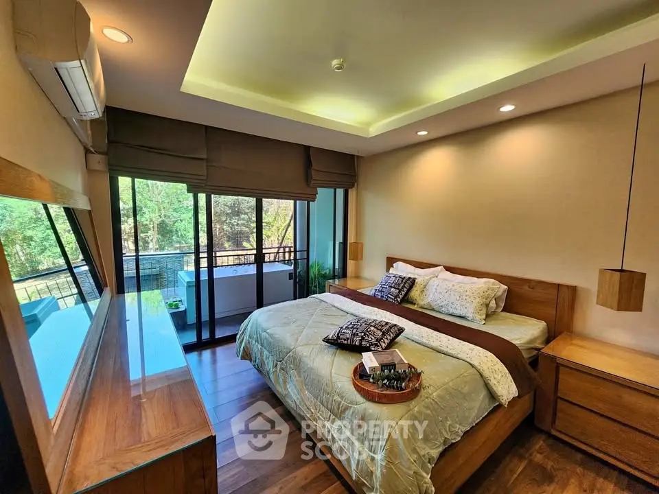 Luxurious bedroom with large windows and modern decor, featuring a serene garden view.