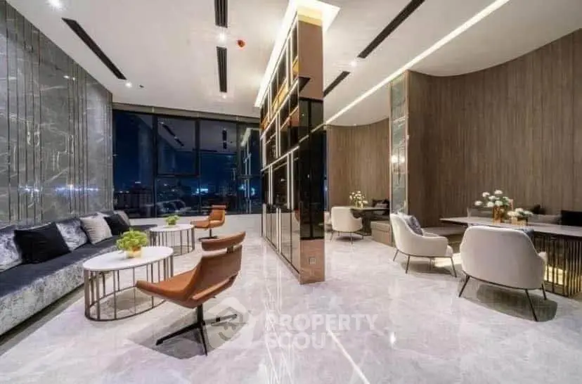 Luxurious modern living room with elegant furniture and stunning city view