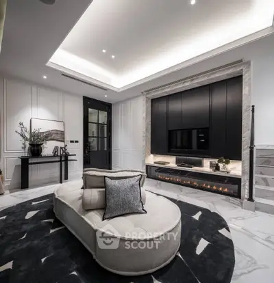 Luxurious modern living room with elegant decor and ambient lighting