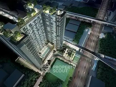 Stunning aerial view of modern high-rise building with rooftop gardens and pool, perfect urban living.