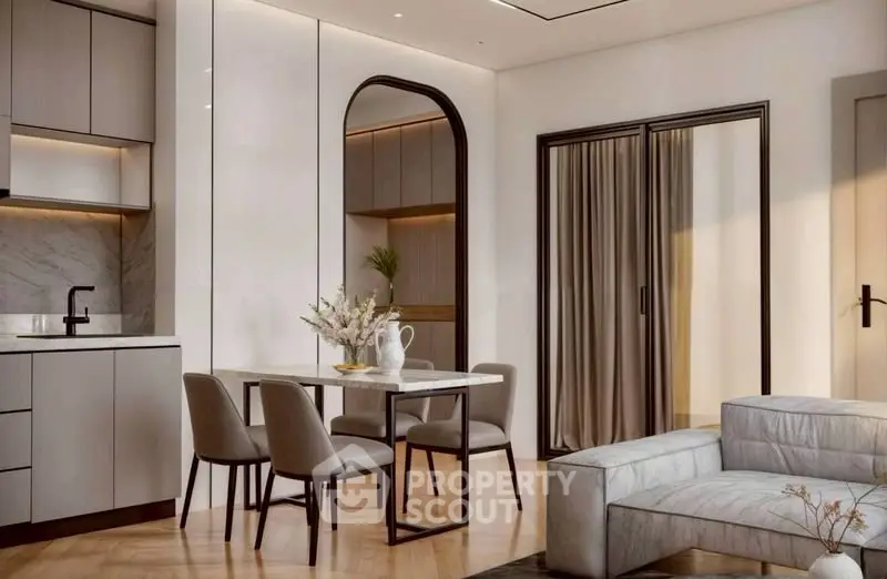 Elegant modern living room with dining area, featuring sleek furniture and stylish decor.