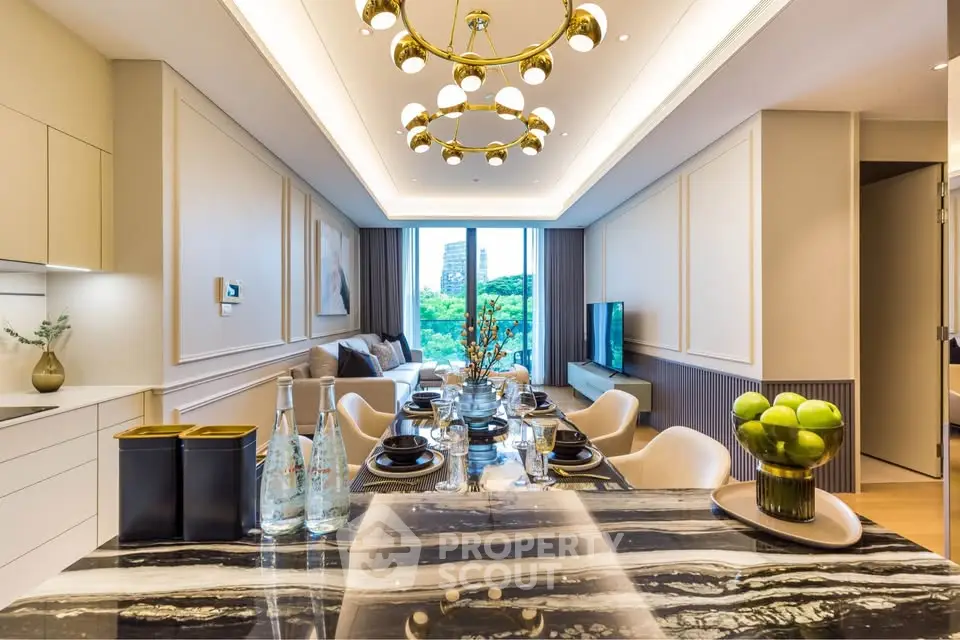Luxurious open-plan living room with elegant dining area and stunning city view.