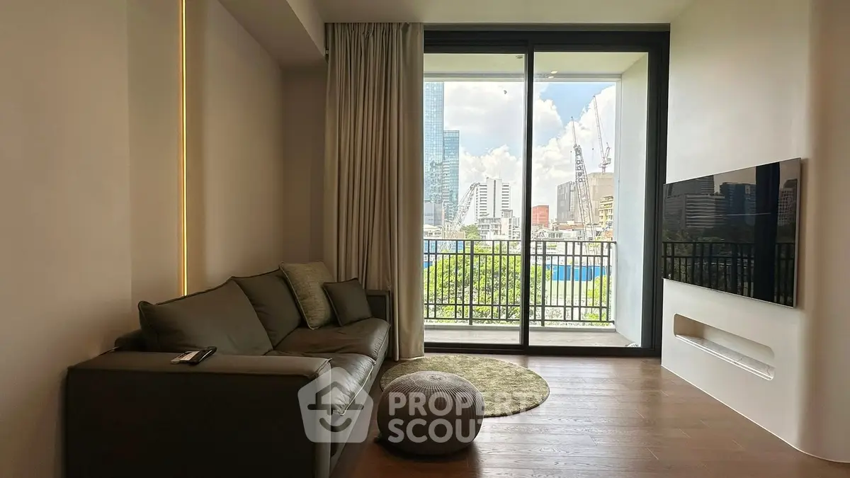 Modern living room with balcony view in urban apartment