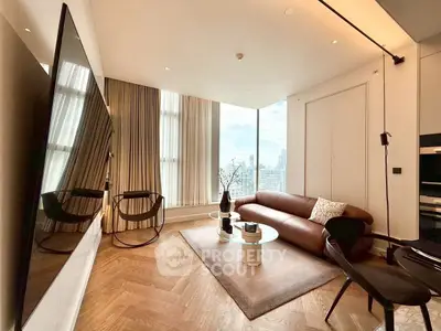 Luxurious modern living room with city view, featuring sleek furniture and floor-to-ceiling windows.