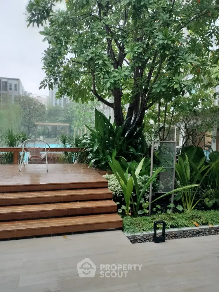 Stunning garden view with lush greenery and modern patio design