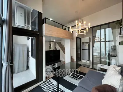 Modern loft-style living room with high ceilings and large windows