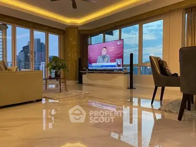 Luxurious living room with panoramic city views and elegant marble flooring.