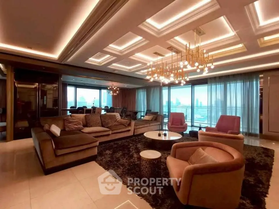 Luxurious living room with modern lighting and panoramic city view
