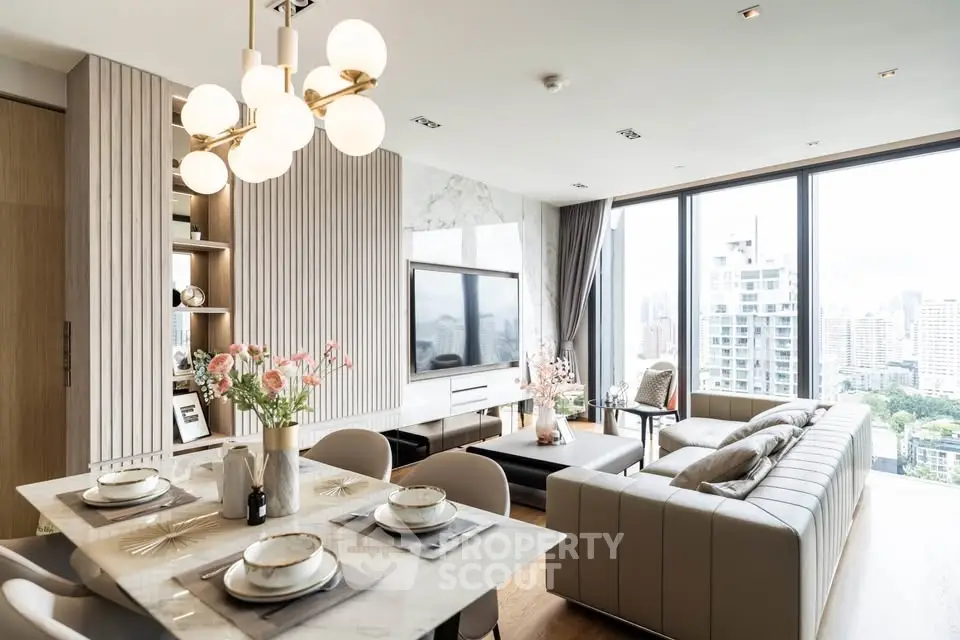 Luxurious modern living room with panoramic city view and elegant dining area