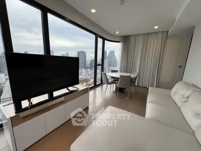 Modern living room with panoramic city views and stylish furnishings