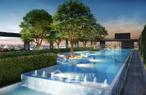 Luxurious rooftop pool with stunning city views and lush greenery.