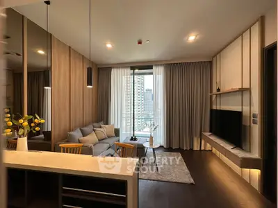 Modern living room with stylish decor and city view balcony in luxury apartment.