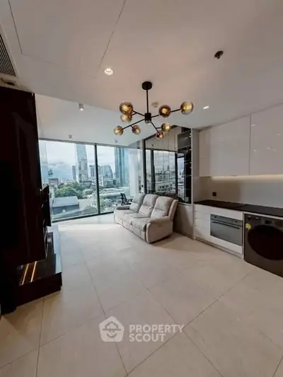 Modern living room with stunning city view and sleek interior design.