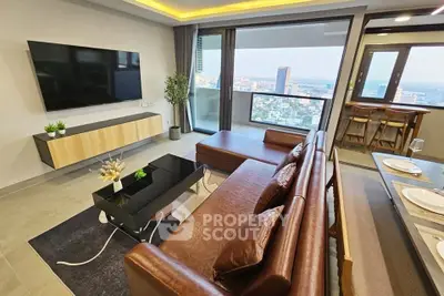 Luxurious living room with stunning city view and modern furnishings