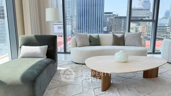 Luxurious modern living room with panoramic city views and stylish furniture.