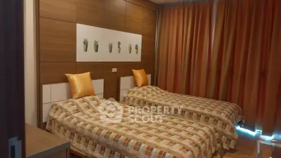 Cozy twin bedroom with warm decor and wooden accents