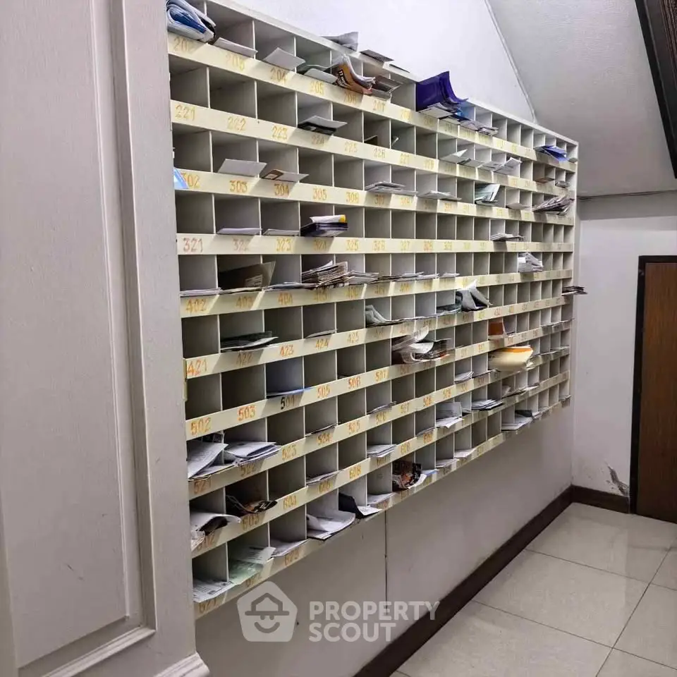 Spacious building mailroom with organized mail slots for efficient delivery.