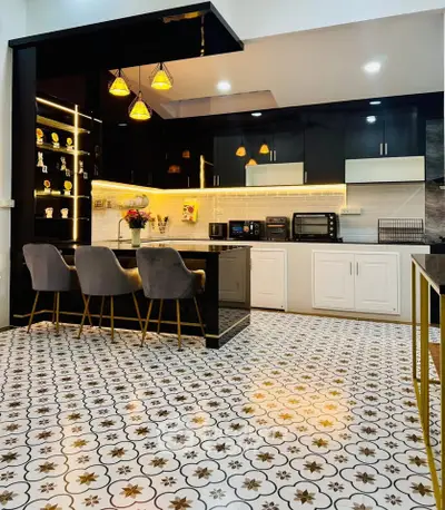 Luxurious modern kitchen with elegant lighting and stylish patterned flooring
