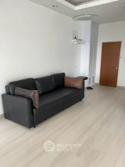 Modern minimalist living room with sleek black sofa and wooden door