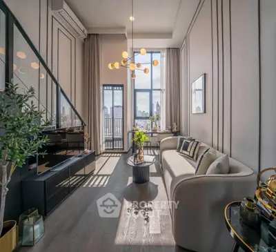 Luxurious modern living room with high ceilings and city view, featuring elegant decor and natural light.