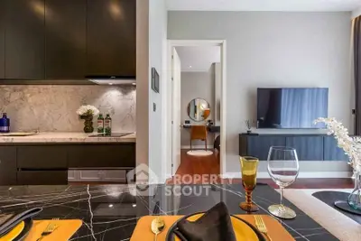 Luxurious modern apartment interior with stylish kitchen and cozy living area, perfect for urban living.