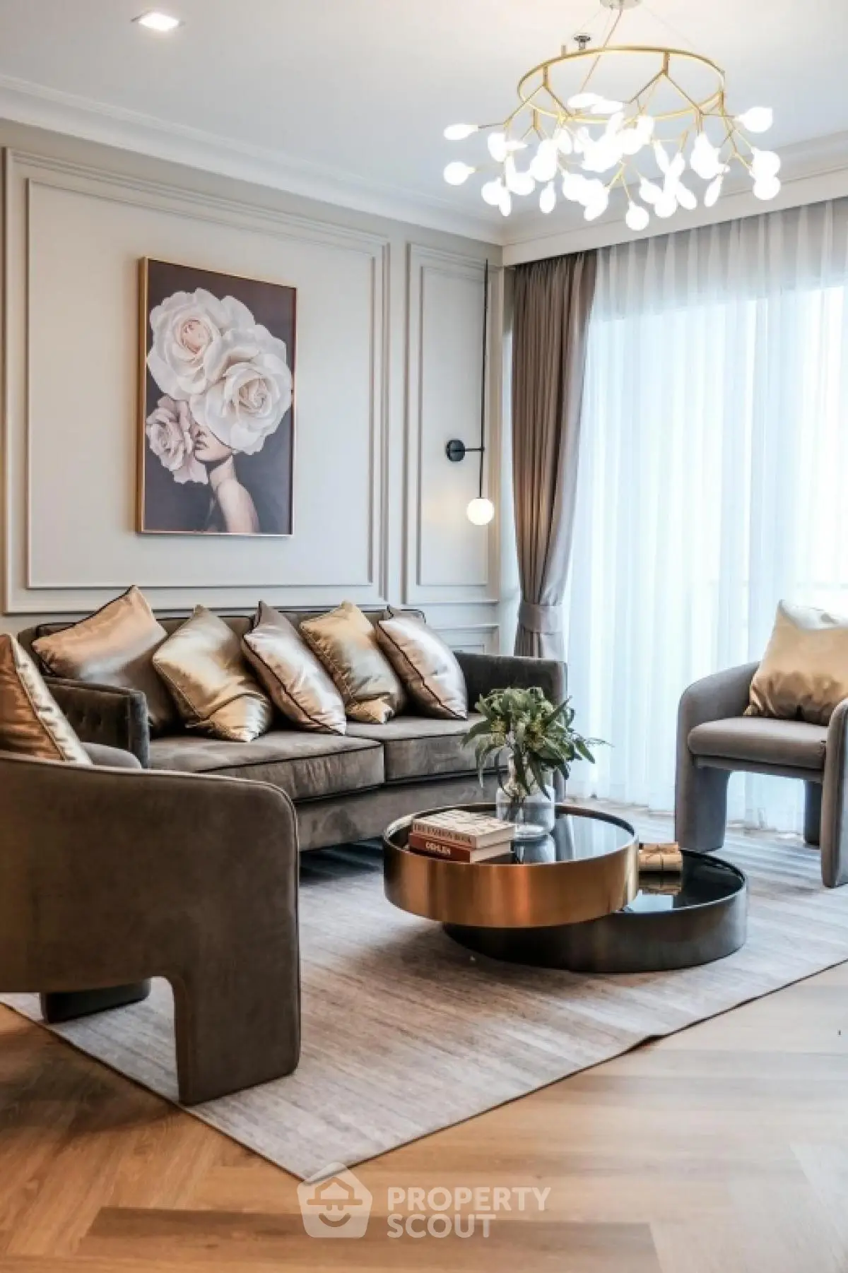 Elegant living room with modern decor and chic lighting