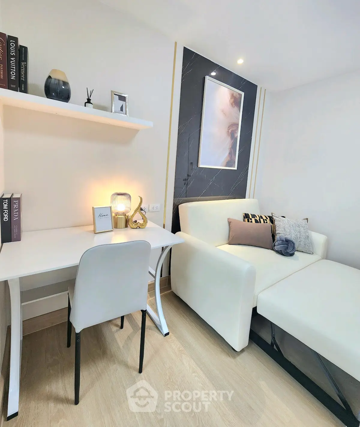 Modern living room with stylish decor and cozy seating area