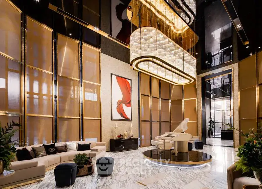 Luxurious modern living room with high ceilings, elegant chandelier, and grand piano, perfect for sophisticated entertaining.
