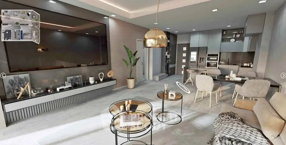 Luxurious modern living room with open kitchen, stylish decor, and elegant lighting in a contemporary apartment.