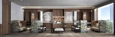 Luxurious modern living room with elegant decor and large windows offering natural light.