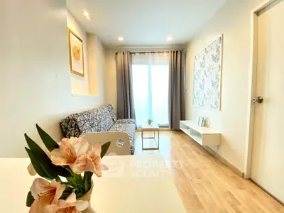 Bright and modern living room with floral decor and natural light