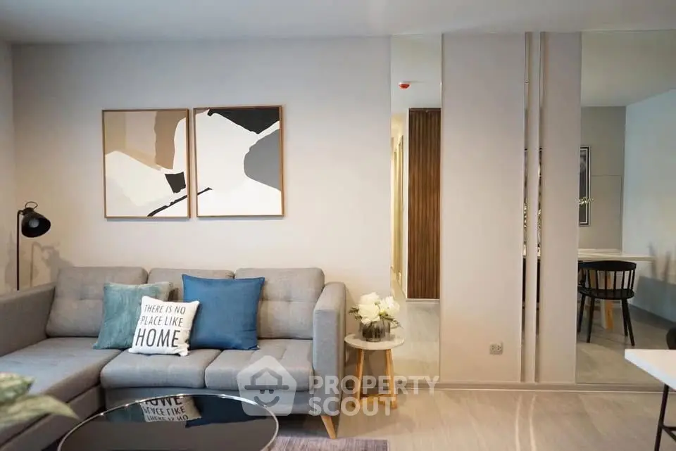 Modern living room with stylish decor and cozy seating area