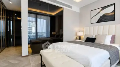Luxurious modern bedroom with elegant decor and floor-to-ceiling windows
