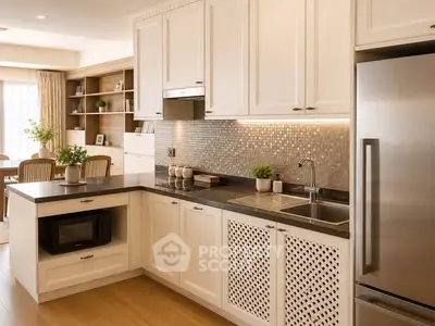 Modern kitchen with sleek cabinetry and stainless steel appliances in open layout