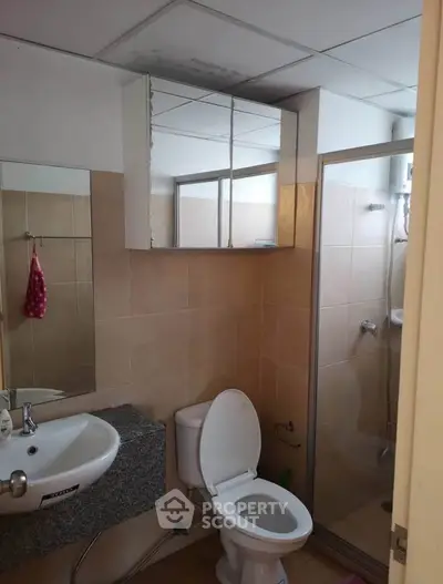 Compact bathroom with shower, toilet, and mirrored cabinet in modern apartment.