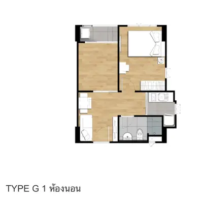 Modern apartment floor plan with one bedroom, living area, and kitchen.