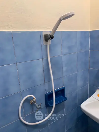 Compact bathroom with blue tiles and handheld showerhead