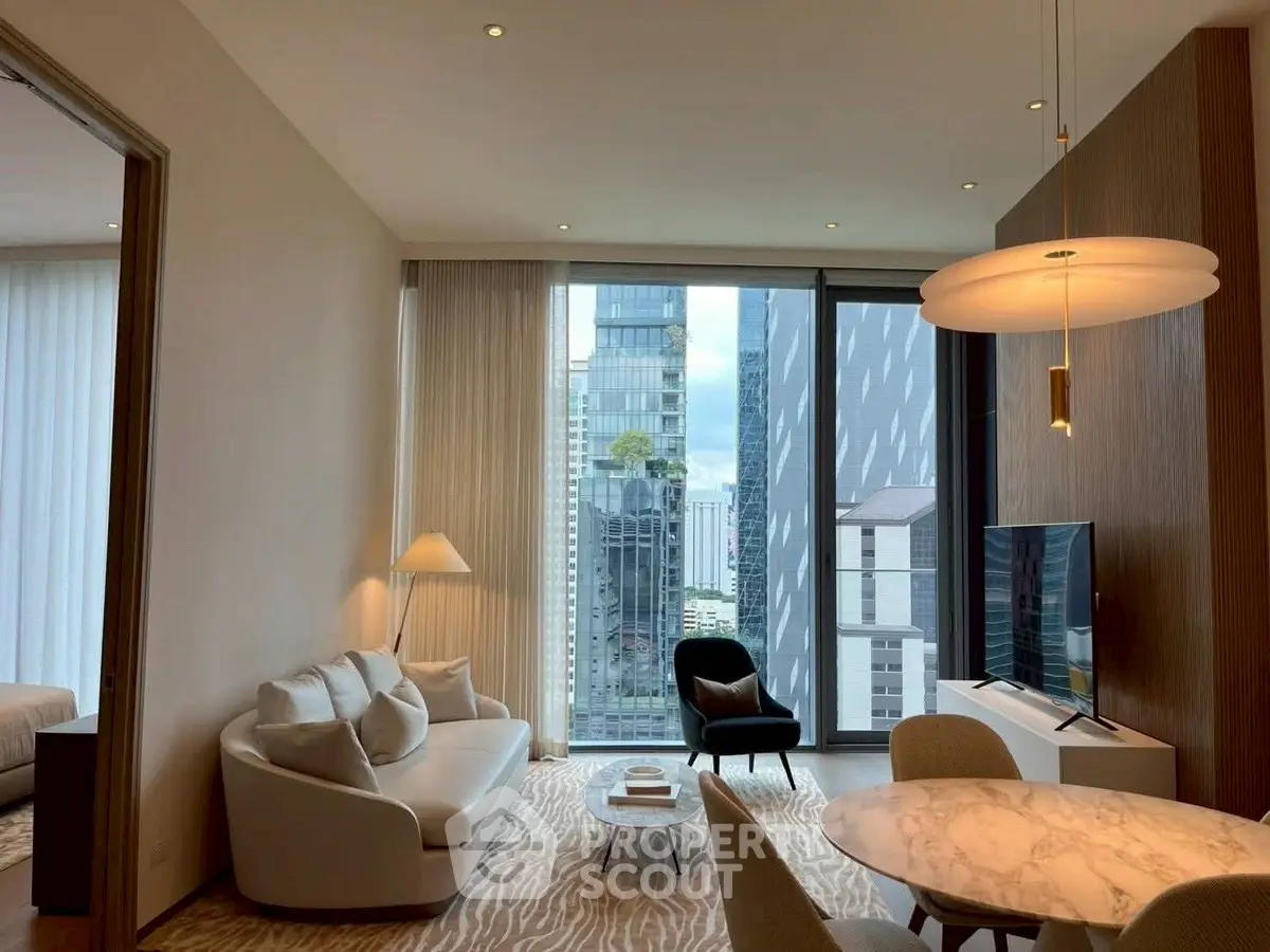 Modern living room with city view, stylish furniture, and elegant lighting.