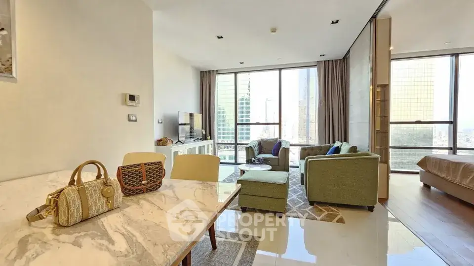 Luxurious open-plan living room with stunning city views and elegant marble dining table.