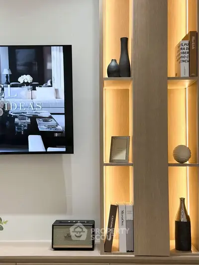 Modern living room with stylish shelving and ambient lighting