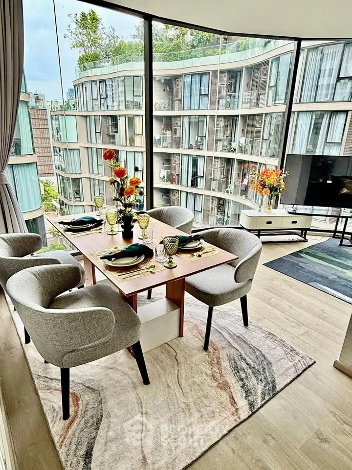 Modern dining area with panoramic city view in luxury apartment