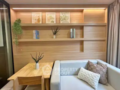 Modern living room with stylish wooden shelves and cozy seating area