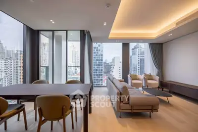 Luxurious modern living room with panoramic city views and elegant furnishings.