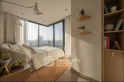 Luxurious bedroom with panoramic city view and modern decor