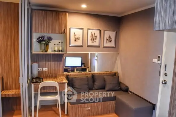 Cozy modern living room with built-in desk and stylish decor
