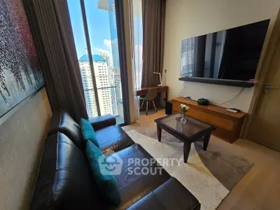 Luxurious living room with stunning city view, modern leather sofa, and large wall-mounted TV in high-rise apartment.