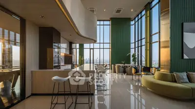 Luxurious modern living room with panoramic city views and elegant interior design.