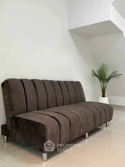 Modern brown sofa in minimalist living room with potted plant