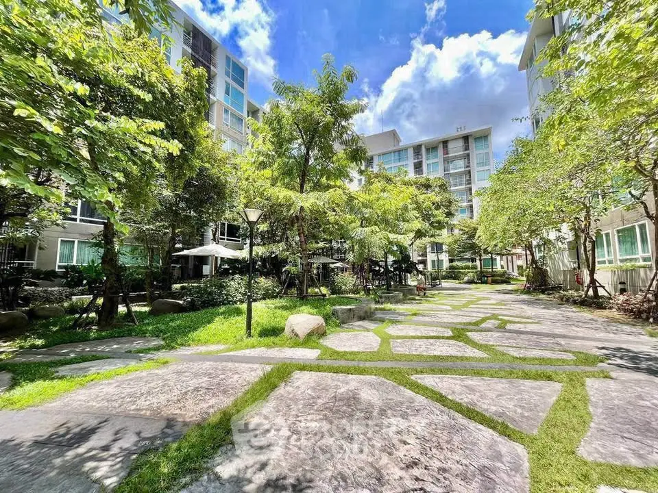 Lush garden view in modern residential complex with stone pathways and greenery.