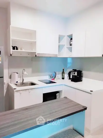 Modern kitchen with sleek white cabinets and built-in appliances